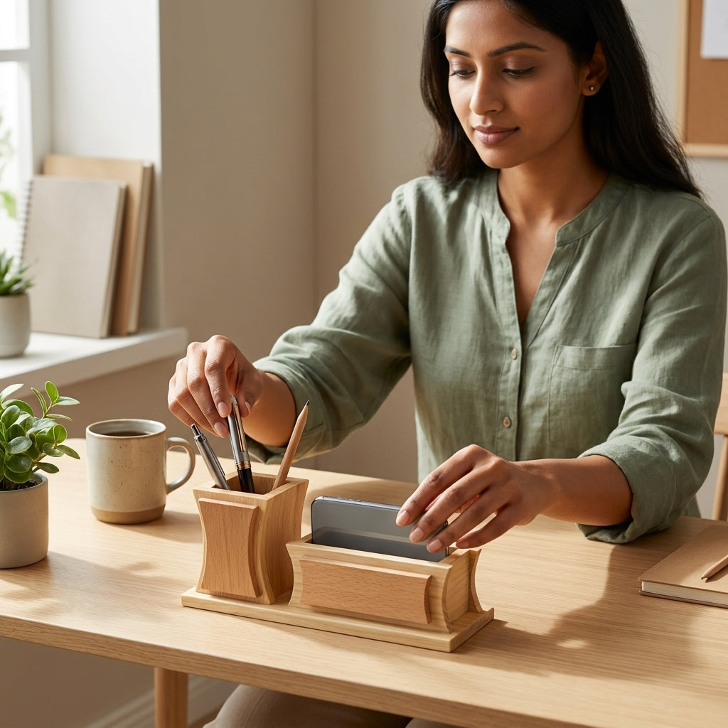 Executive Curved Dual-Tone Wooden Desk Suite - Personalized Gift Set