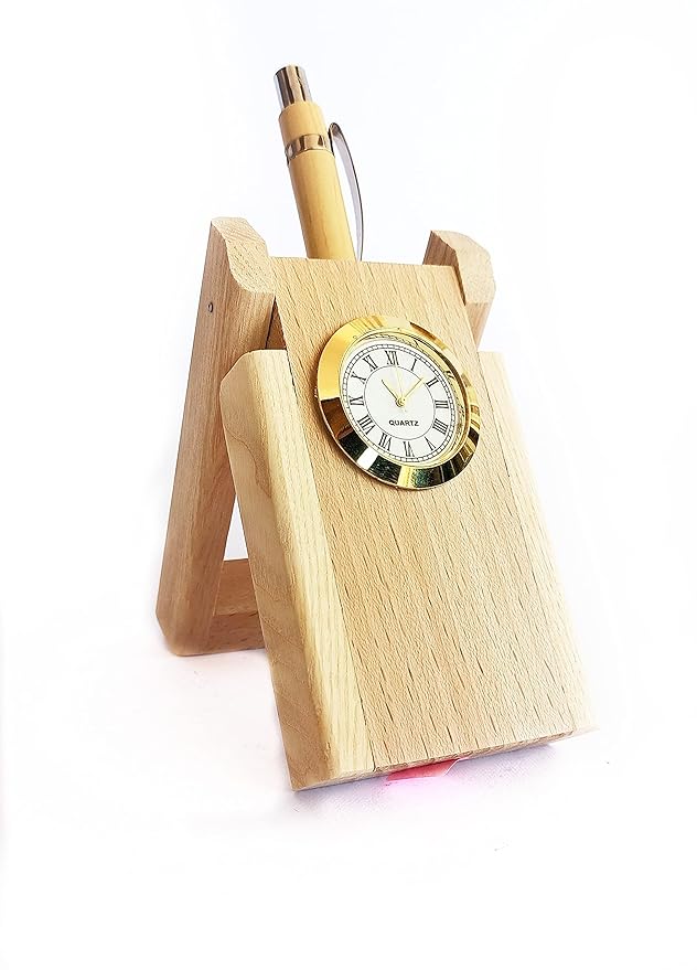 Personalized Natural Wood Desk Clock & Pen Stand - Executive Gift