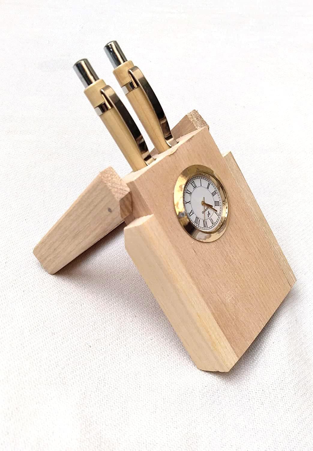 Personalized Wooden Desk Clock & Dual Pen Stand - Executive Set