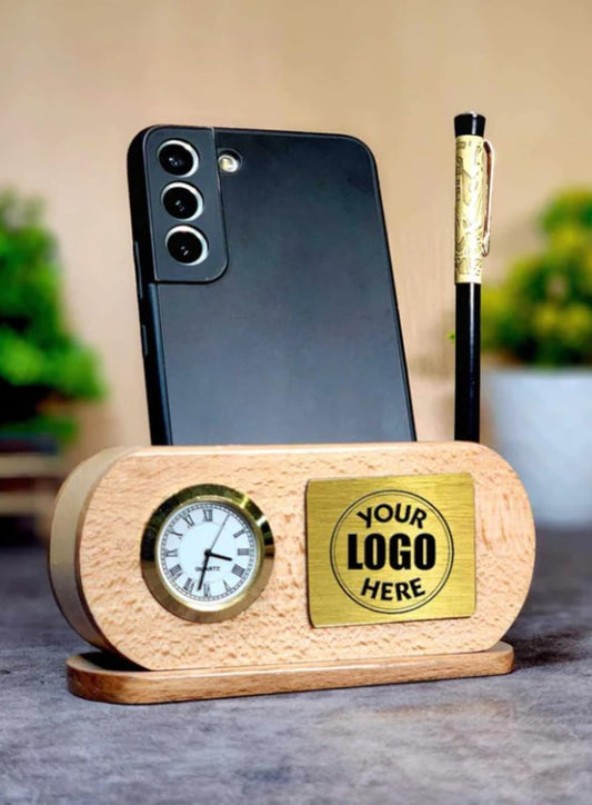 Personalized Wood Capsule Desk Clock & Mobile Stand - Executive Set
