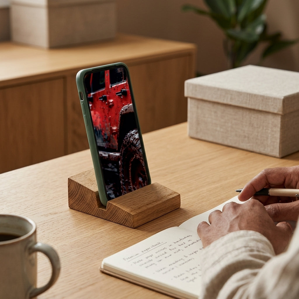 Personalized Minimalist Wedge Mobile Stand - Solid Oak Wood