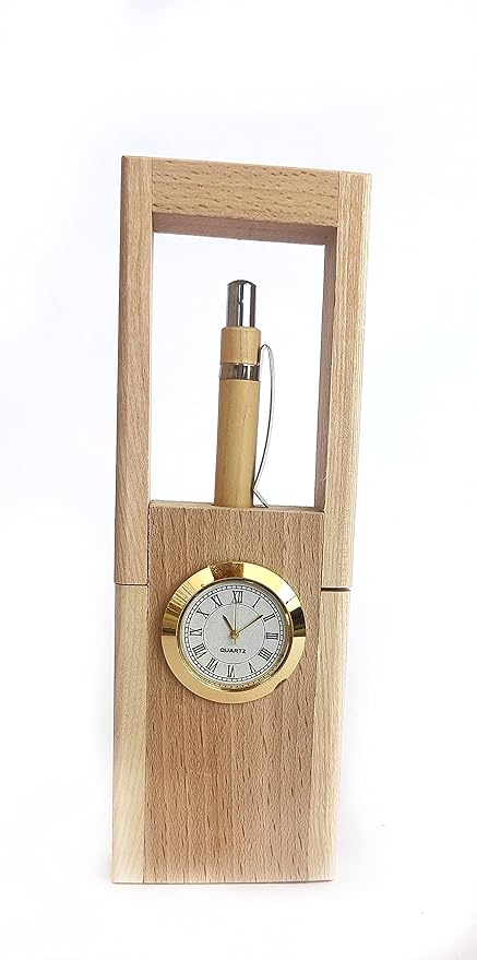 Personalized Natural Wood Desk Clock & Pen Stand - Executive Gift