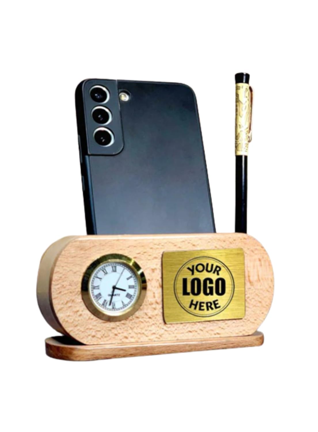 Personalized Wood Capsule Desk Clock & Mobile Stand - Executive Set