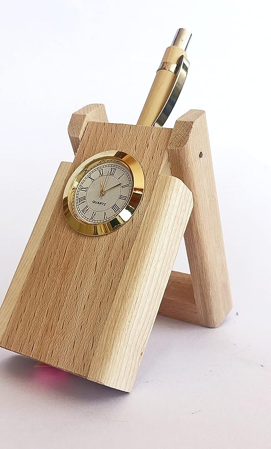 Personalized Natural Wood Desk Clock & Pen Stand - Executive Gift