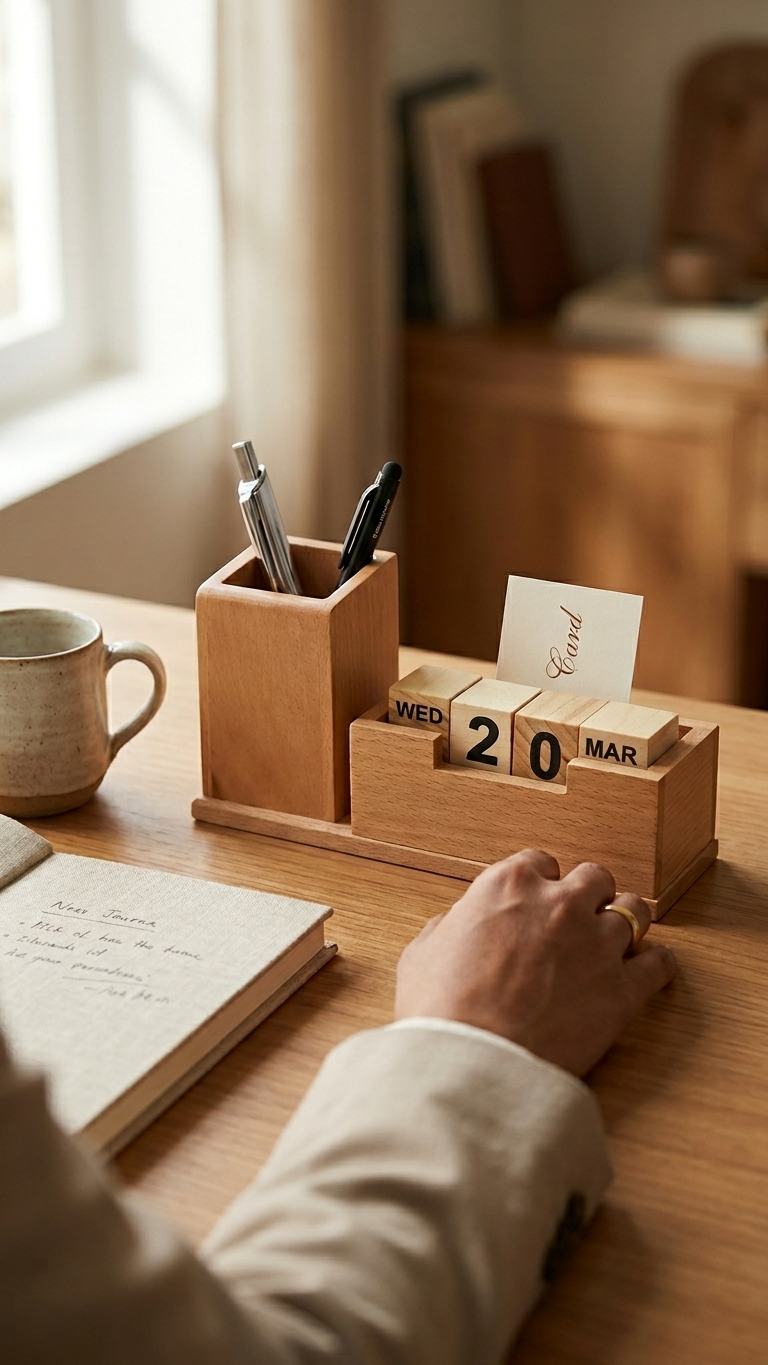 Executive Beechwood Perpetual Calendar Organizer - Personalized Gift Set